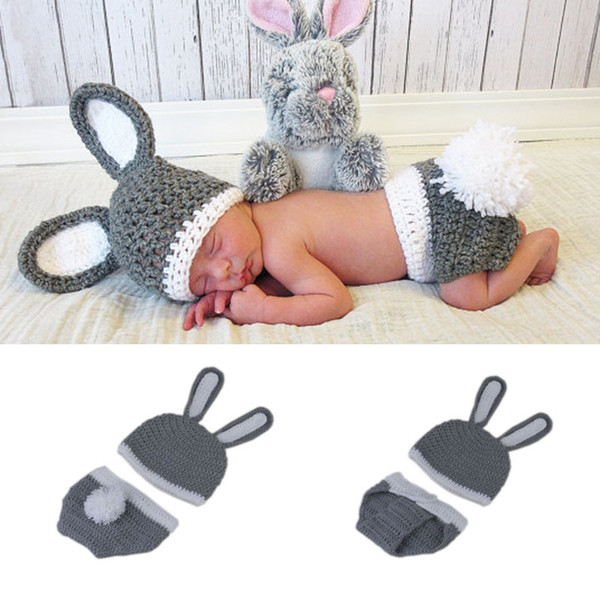 Newborn Baby Grey Rabbit Shape Newborn Photo Props Baby Costume Crochet Baby Cap Photography Props Design Hat Knitted BP101