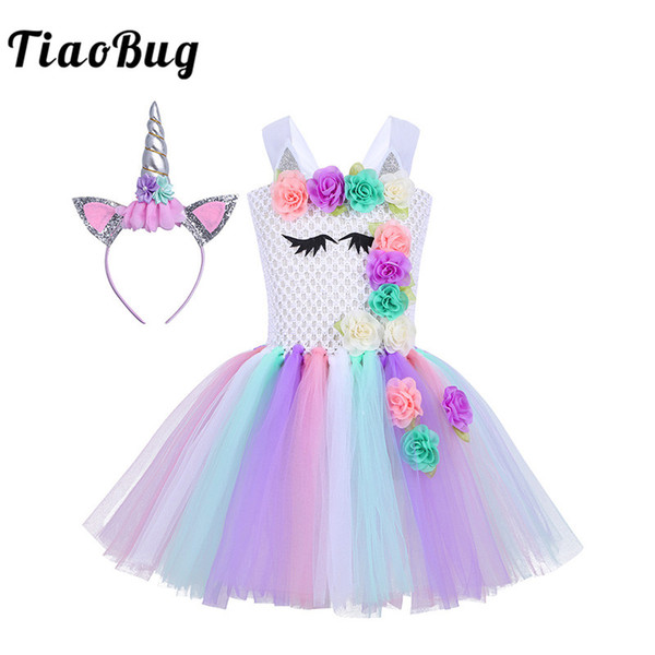 TiaoBug Girls Cartoon 3D Flower Pastel Rainbow Princess Mesh Tutu Dress with Hair Hoop Kids Cosplay Party Halloween Xmas Costume