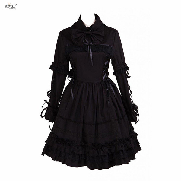 Ainclu Lolita Dress Gothic Style Womens Black Cotton Gothic Long Sleeves Court Lolita Dress XS-XXL Female Party Spring/Autumn