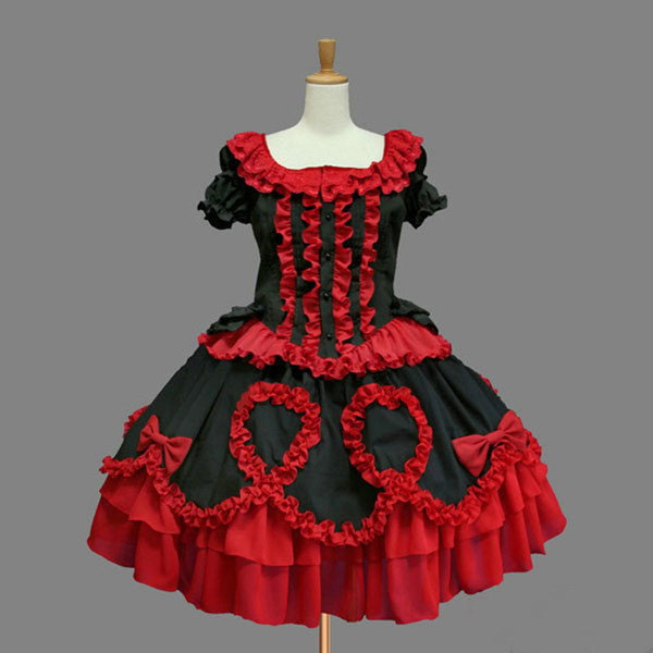 Customized Sweet Square Collar Short Sleeve Red and Black Cotton Layered Lolita Dress For Girl Drop 