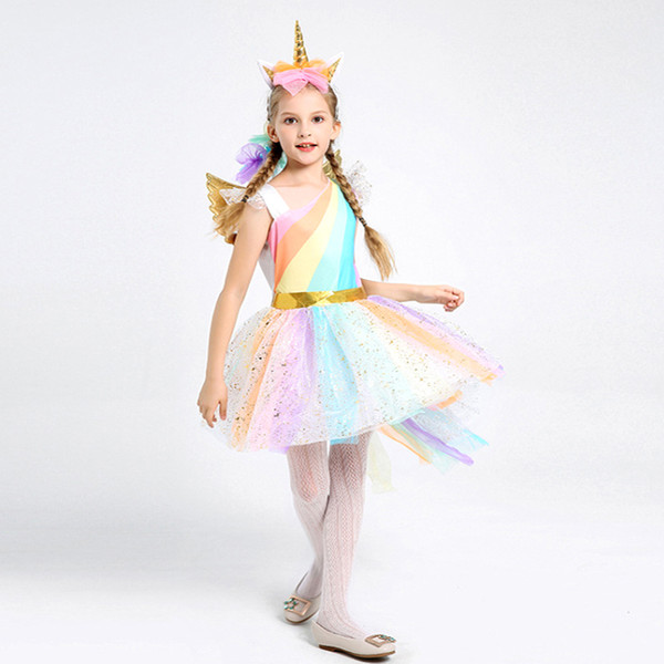 Kids Girls Rainbow Unicorn Costume For Girls Princess Halloween Carnival Birthday Party Dress Cosplay Costumes