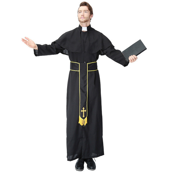 Vocole Halloween Men's Religious Priest Costume Black Christian Missionary Fantasia Party Fancy Dress