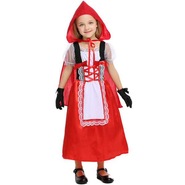 Little Red Riding Hood Costume For Girls Kids Fantasia Halloween Purim Party Cosplay Fancy Hooded Dress+Gloves Cosplay Costume