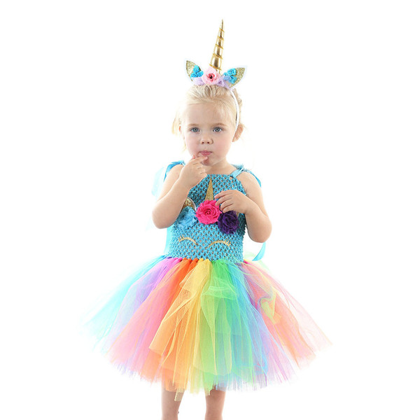 INS Baby Girls Rainbow Skirt Children Cute Unicorn Princess Dresses Kids Lovely Cartoon Colorful Bubble Skirt Cosplay Prom Dresses