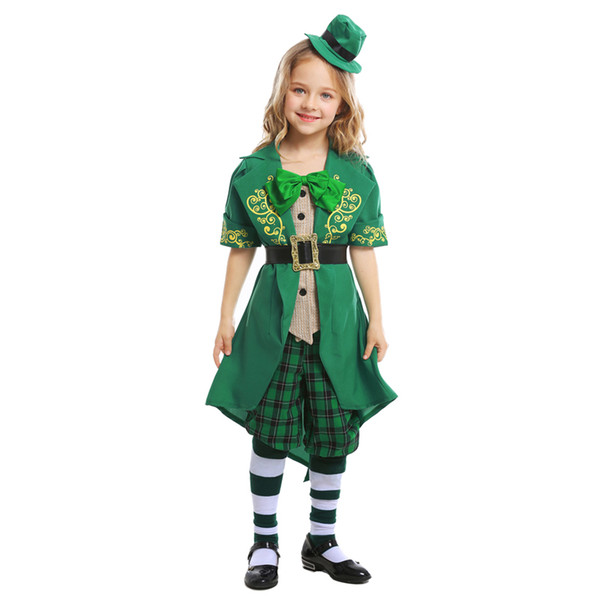 H&ZY Kids Girls Irish Lucky Fairy Leprechaun Costume Child Green St. Patrick's Day Outfit Fancy Clothes Hat Top Pants Suit