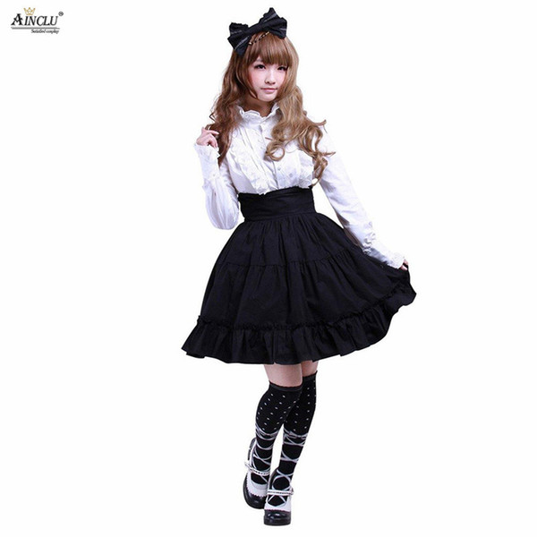 Spring/Summer/Autumn/Winter Ainclu XS-XXL Womens Cotton Black Ruffles Gothic Lolita Skirt With 