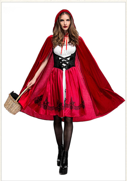 Halloween Costumes Women Clothes Little Red Riding Hood Cosplay Red Dresses Hooded Cape 1 Set Free Shipping