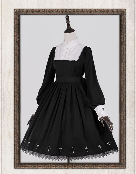 Anonymous Verse Cross Embroidery Gothic Lolita OP Dress Darkness Style Long Sleeve High Collar Cute Black Dress One-Piece