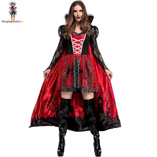 Deluxe Halloween Party Adult Women Blood Vampire Vixen Countess Costume Cemetery Scene Printed Female Cloak & Dresses Size S-XL