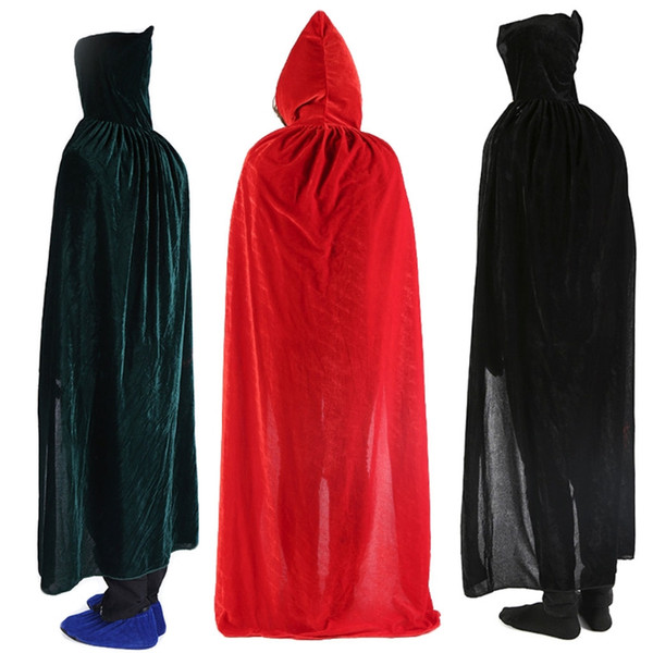 Adult Unisex Velvet Solid Color Long Hooded Cloak Halloween Christmas Costume Party Cape Role Play Fancy Dress Robe