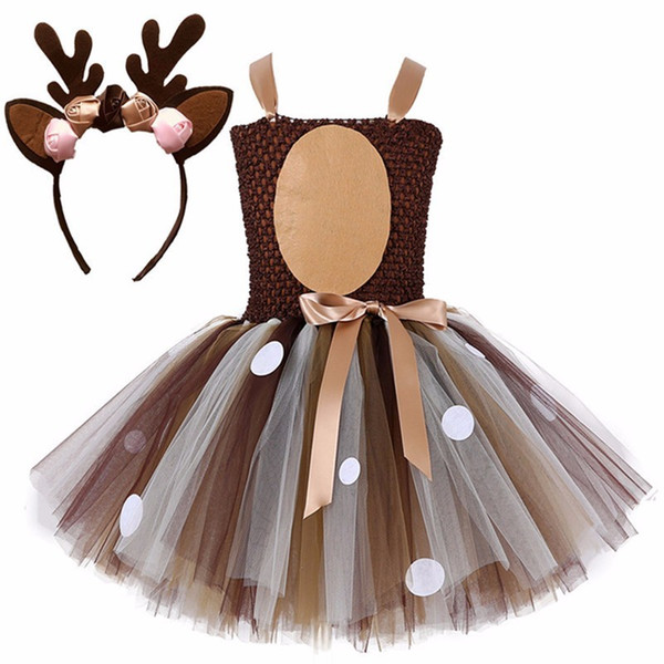 Kids Christmas Deer Tutu Princess Dress With Headband Girl Birthday Party Dress Children Purim Halloween Animal Cosplay Costume