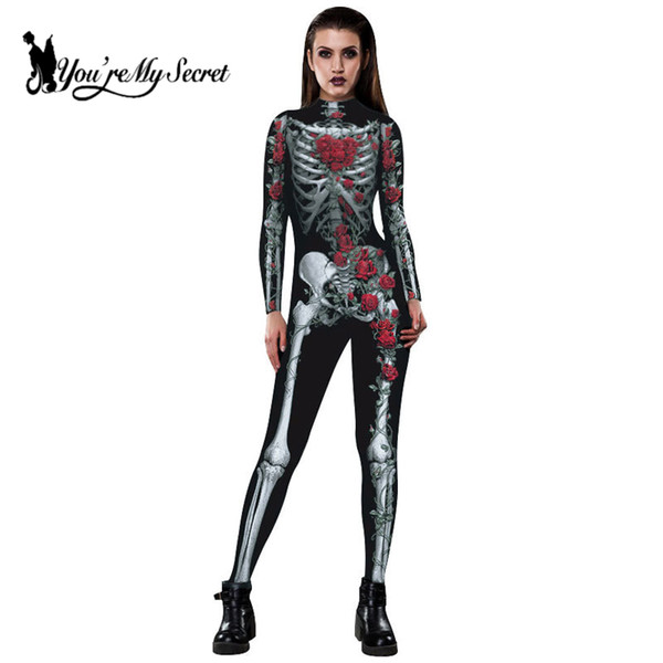 [You're My Secret] 2018 Halloween Fashion Women Bodysuits Skeleton Rose 3D Printing QMilch Fabric Jumpsuits Party Scary Costumes