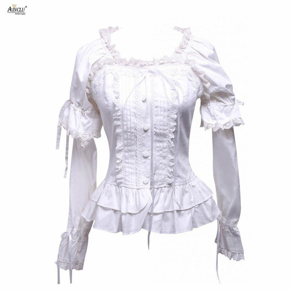 Ainclu Womens White Lace Lacy Square Neck Long Sleeves Ladylike Cotton Lolita Blouse XS-XXL Hot Selling For Birthday/Party