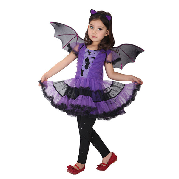 90-160cm Girls Halloween Purple Bat Vampire Princess Dress Wing Headband Cosplay Costume Kids Sets Scary Clown Witch Clothes