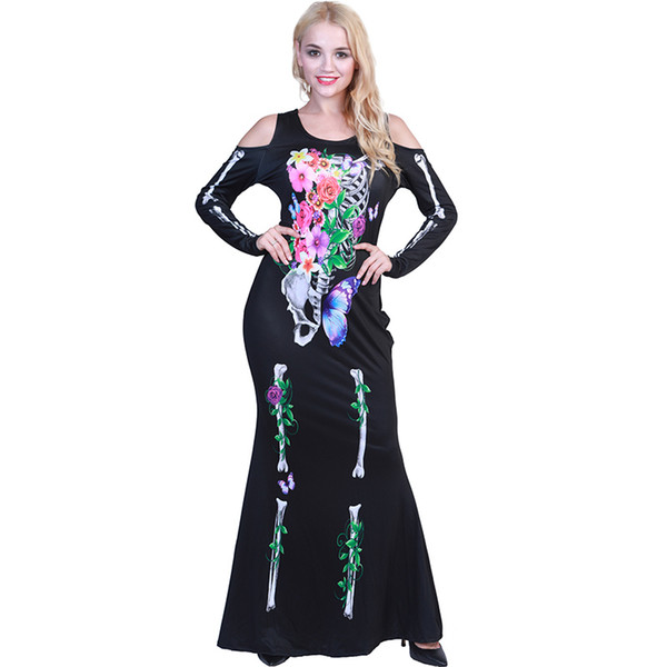 Halloween Party Dress Floral Ghost Skeleton Cosplay Costume Stage Show Clothing Horror Sexy Women Slim Maxi Dresses Long Sleeve