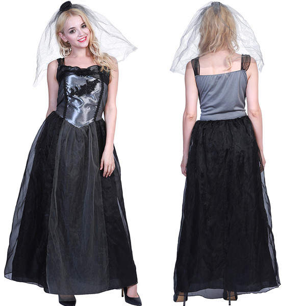Halloween Bride Cosplay Costume Tulle Black Fluffy Dress Christmas Black Wedding Dresses Elegant Sexy Women Mesh Party Dress Carnival