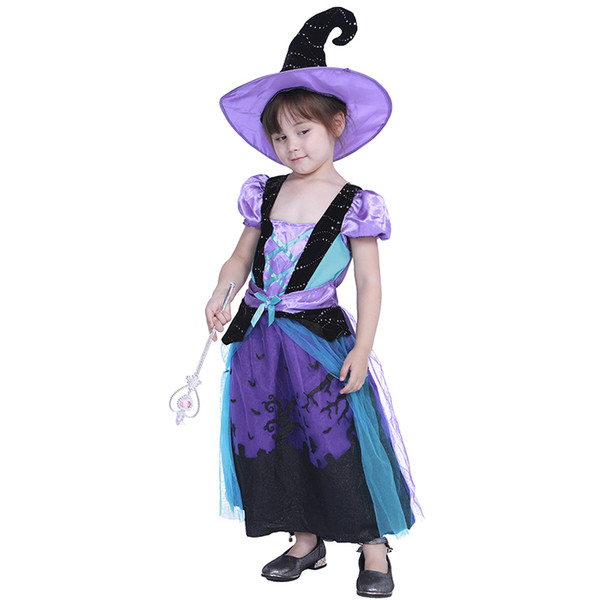 Children Halloween Cosplay Costume Blue Castle Witch Dress Kids Performance Sets Halloween Holiday Party Purple Black Lace Dress with Hat