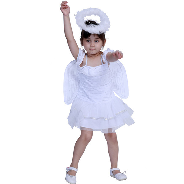 Cosplay Costume Kids Wave Angel Performance Sets White Angel Dress for Children Halloween Holiday Party Clothing Headwear Dress Wings