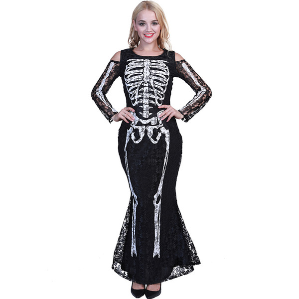 Christmas Halloween Party Ghosts Skeleton Cosplay Costume Skull Clothing Women Off Shoulder Lace Slim Black Long Dress Carnival Holiday