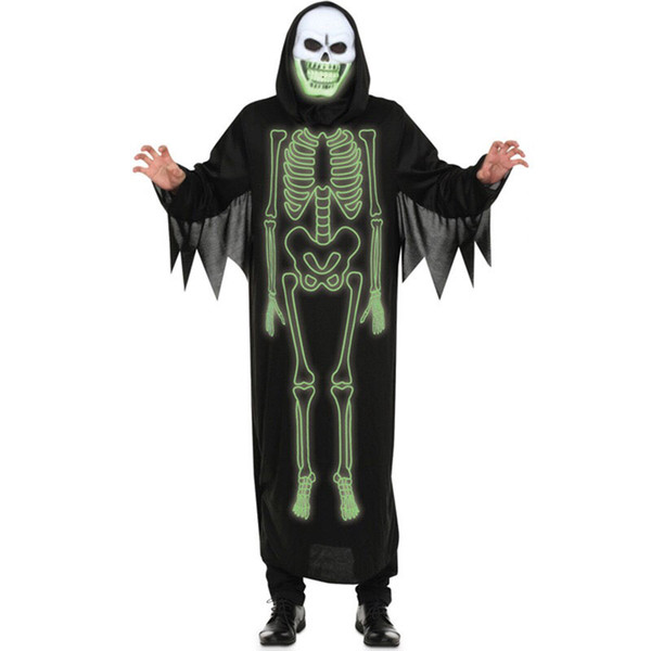 Adult Men Women Halloween Scary Glowing-In-Dark Skeleton Demon Costume Ghost Grim Reaper Cosplay Morphsuit Gown Dress Unisex