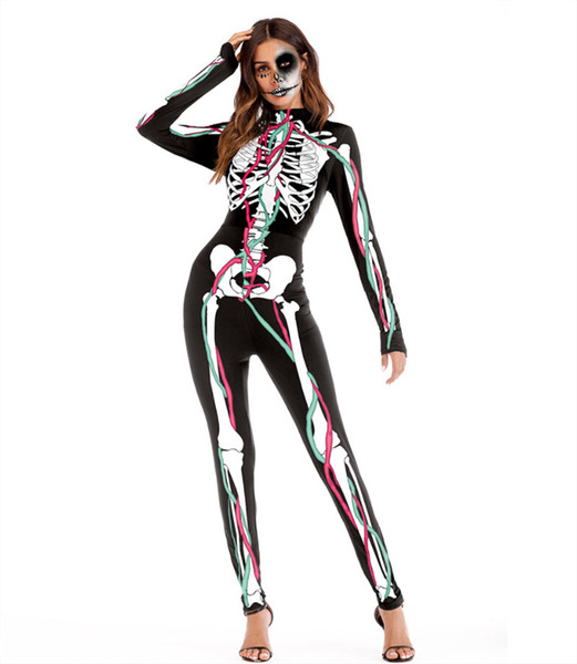 Halloween Women Apparel Human Skeleton Cosplay Bodysuits Horiible Dead Women Theme Costumes Female Party Stage Clothing