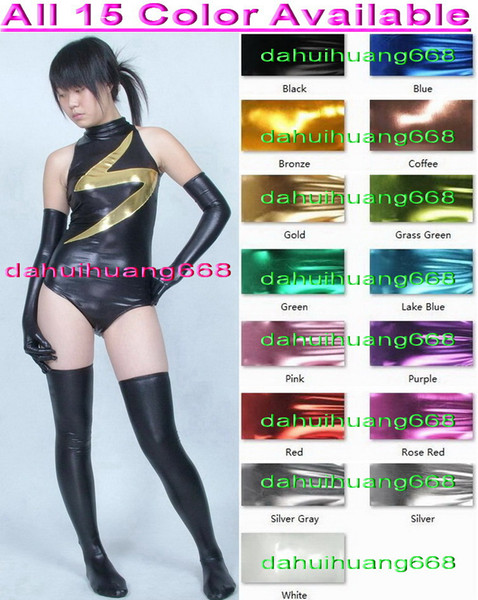 Sexy Women Short Body Suit Costumes New 15 Color Shiny Lycra Metallic Short Suit Catsuit Costumes With Long Gloves and Stocking/Boots DH059