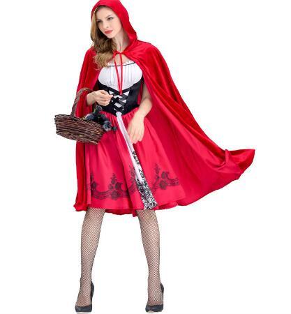 New Designer Womens Costume Cosplay Little Red Riding Fancy Halloween Dresses For Women Hood Uniform Cloaks + Dresses Size S-XL Optional