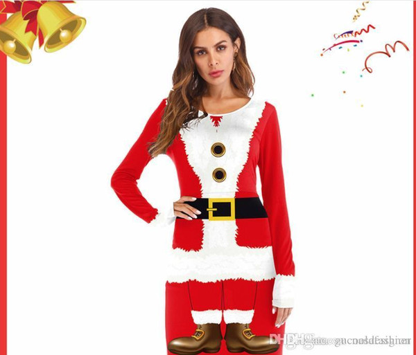 Western Santa Claus Dress with Ribbon Digital Printed Long Sleeved Red Uniforms Cosplay Christmas Dress