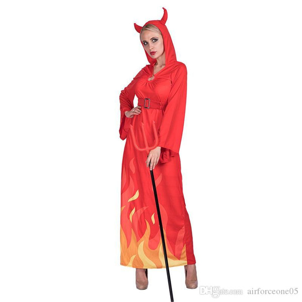 Designer Flame Lady Devils Cosplay Clothes Halloween and Fancy Dress Party Dress With Horns Theme Costume