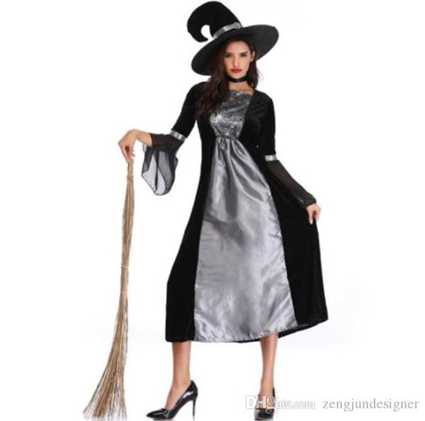 Witches Cosplay Womens Halloween Desigher Theme Costume Hat Long Sleeve Fashion Dresses Female Clothing Sexy Casual Apparel