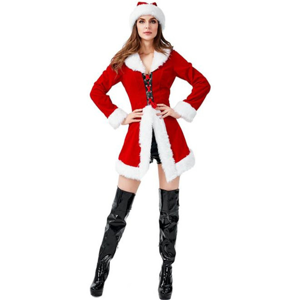 Christmas Theme Costume Red Sexy Ladies Cosplay Costumes Party Cos Long Sleeve Fashion 4PCS Women Sets