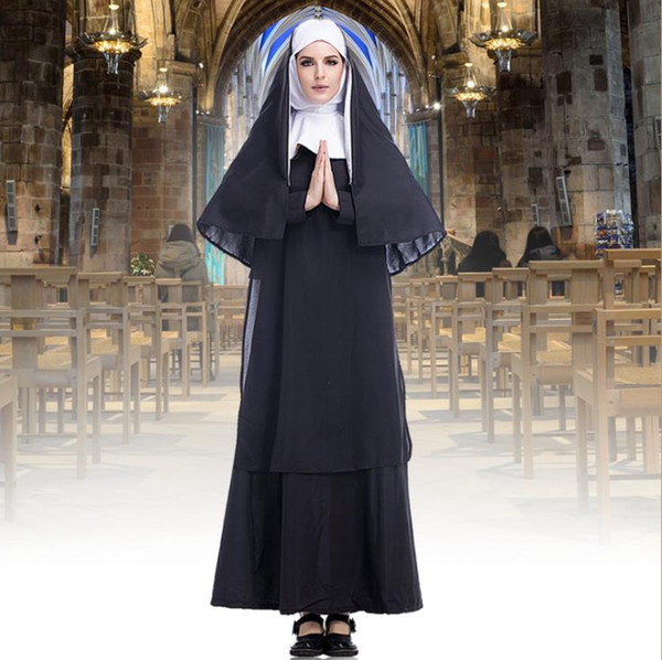 Designer Halloween Costume Solid Color Black Jesus Christ Women Missionary Pastor Clothing Maria Priest Nun Service Role Play