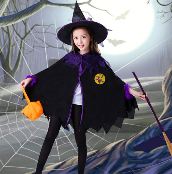 Halloween Hat + Shawl + Broom + Pumpkin Light European American Children Show Clothes Cosplay Shawl Witch Show Prop Set