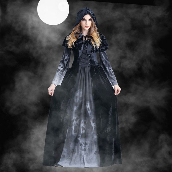 Women Halloween Cosplay Costume Vintage Witch Long Sleeve Maxi Dress Women's Horror skull Vampire Cosplay Dress Prom Dresses