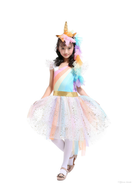 Unicorn Princess Tutu Dress Suits with 1 Unicorn Corn Headband+1 Golden Wings Cosplay Clothing Girls Stage Performance Dresses