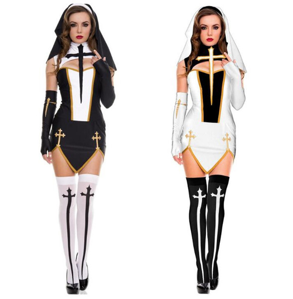 New Sexy Nun Costume Adult Women Cosplay With Stockings Black Hoodie For Halloween Sister Cosplay Party Costume