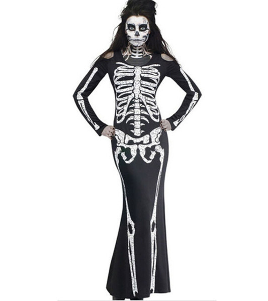 Halloween Costumes Women Clothes Skeleton Framework Print Long Sleeve Long Dresses Women Ghost Dresses Party Cosplay