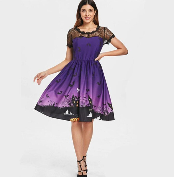 Sexy Women Short Sleeve Halloween Retro Lace Vintage Dress A Line Pumpkin Swing Dress Party Costume Drop Ship