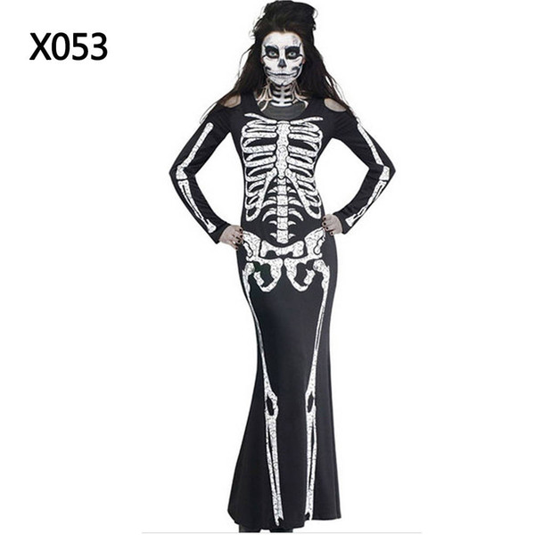 Halloween Scary Skeleton Print Cosplay Costumes Women Fancy Party Long Dress Skull Carnival Stage Wear SF10-3