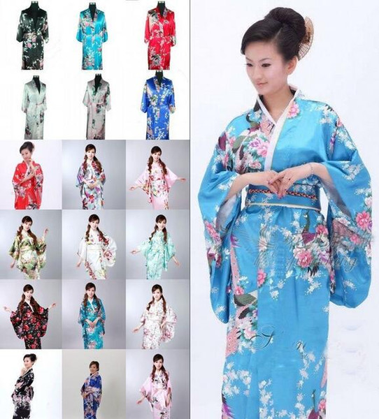 Free Shipping Summer new sale Vintage dress Japanese Women's Silk Satin cherry Kimono Yukata Evening Dress Flower many color