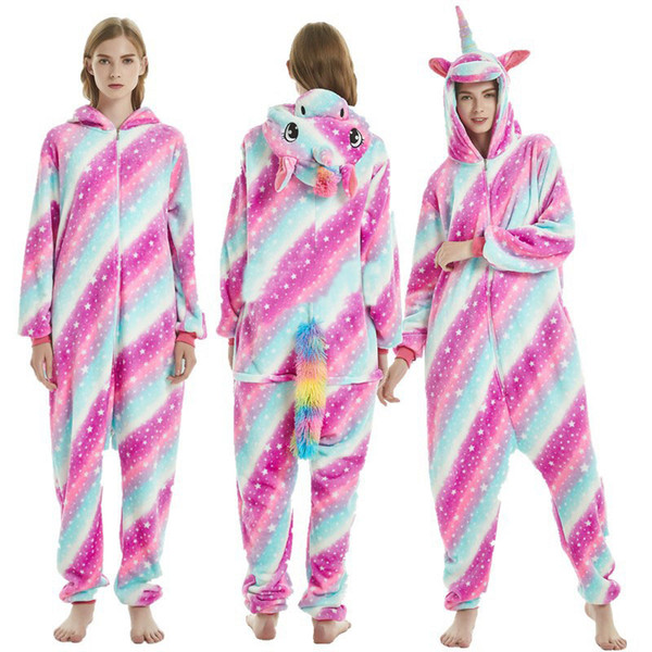 Unicorn Onesie Stripe Colorful Pajama Animal Cartoon Kigurumi Women Adult Overall Zipper Hooded Winter Warm Outfit Sleep Suit