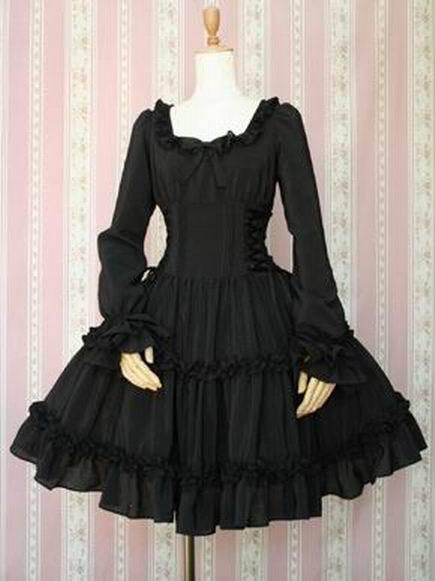 Real Photo Luxury 2017 Black Cotton Square Collar Long Puff Sleeve Bow Ruffles Gothic Lolita Dresses A-Line Princess Short Dress