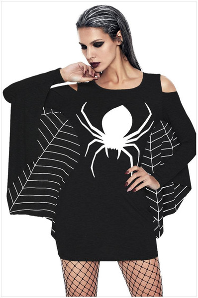 Fashion Halloween Costumes for Women Black and White Spider Printed Mini Dresses Large Size Performance Cosplay Clothing