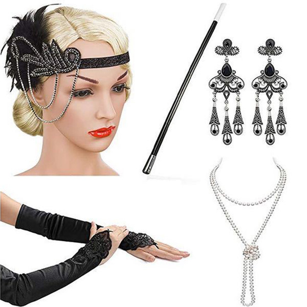 2019 New Design Women's cosplay headbands necklace gloves earring set flapper costume 1920S Great GATSBY Halloween Accessories