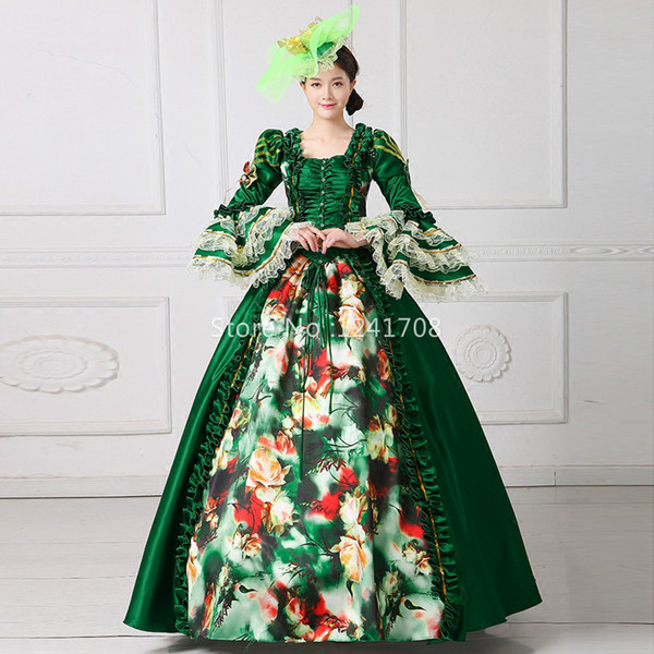 2017 Green Square Collar Long Flare Sleeve Lace Flowers Printing Pattern Back Zipper Rococo Baroque Dresses Robe De Soiree