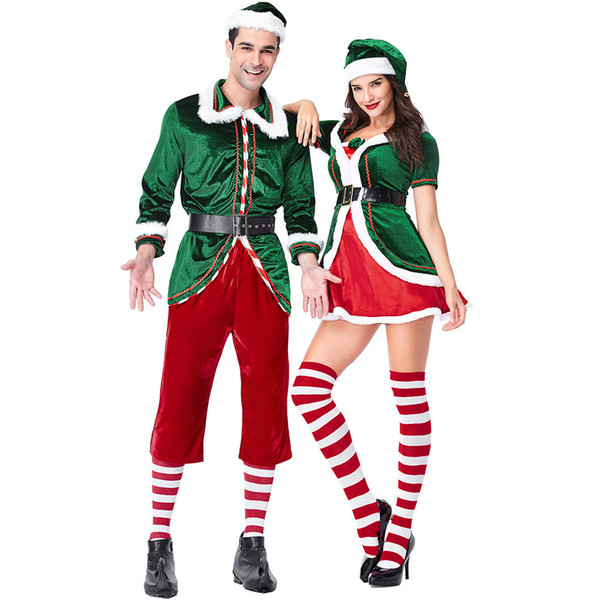 New christmas couple costume santa claus uniform set women/men green christmas Elf genius suit party christmas costumes set