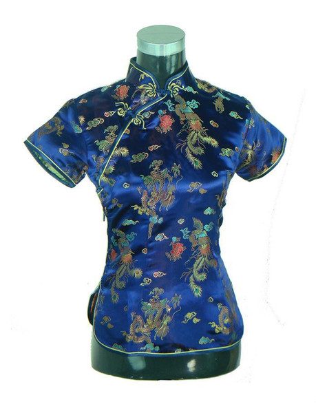 Navy Blue Vintage Chinese Female Silk Shirt Novelty Dragon Tang Suit Tops Handmade Blouse Mujere Camisa S M L XL XXL