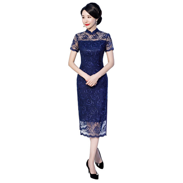 Shanghai Story Oriental Dress Chinese Traditional Dress Cheongsam Flower Embroidery Lace Qipao Chinese Women's 2 Color