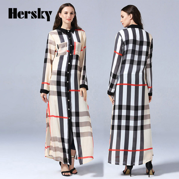 Plus Size 7XL Muslim Women Full Button Open Abaya Fashion Robe Musulmane Plaid Turn-Down Collar Dress Turkish Caftan Dubai Abaya