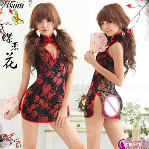 Black Lace Transparent Sexy Lingerie Mandarin Collar Cheongsam Chinese Traditional Print Qipao Flower Short Dress